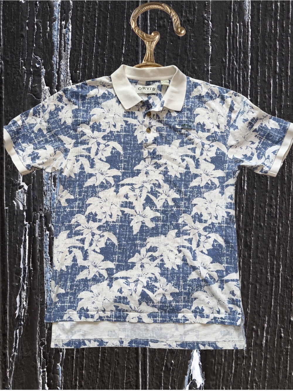 Vintage Orvis Men's Blue Floral Polo Shirt